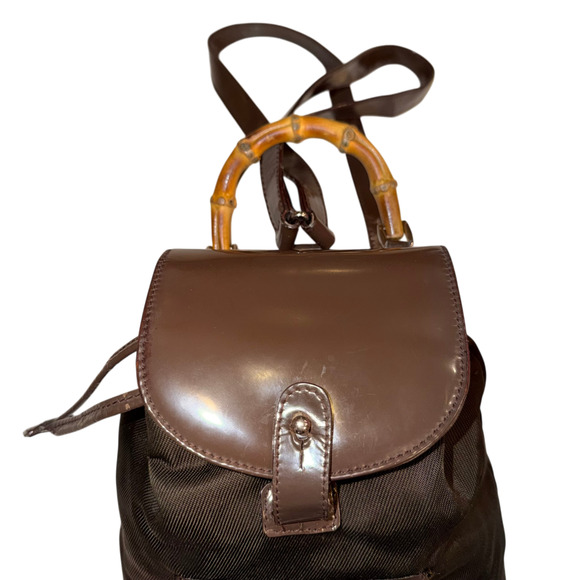 Vintage Gucci Brown Mini Backpack w/ Bamboo Handle Patent Leather + Nylon Auth